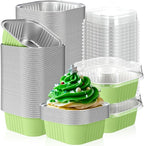 Aoriher 150 Pieces 10 oz Mini Cake Pans with Lids Aluminum Foil Baking Cups Square Disposable 4 x 4 Large Cupcake Cups Baking Tins for Kitchen Brownie Pudding Desserts Holders(Light Green)
