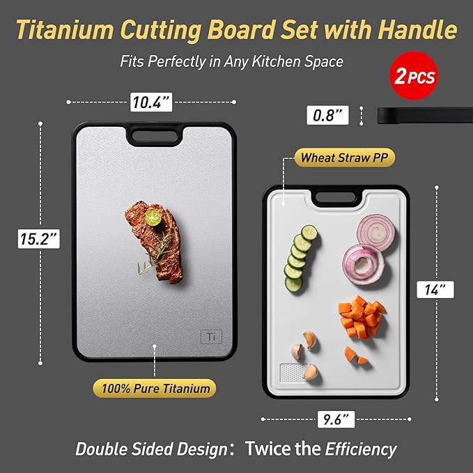 2 Packs Pure Titanium Cutting Boards for Kitchen Chopping Board with Handle 2 in 1 Meat Butcher Block Wedding Day Engagement Hostess Couple Newly Wed Christmas Married Fiancee Unique Cool Gifts