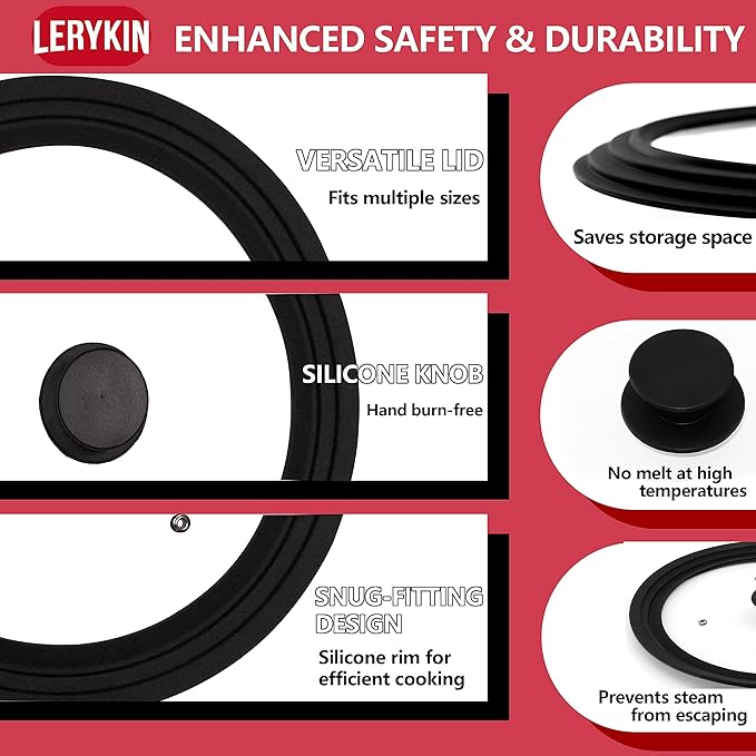 Tempered Glass Lid Set of 2 - Universal Lids with Heat Resistant Silicone Rim for Pots, Pans and Skillets - Pan Cover Replacement Lids Fit 6.5", 7", 8" and 9.5", 10", 11" Diameter Cookware
