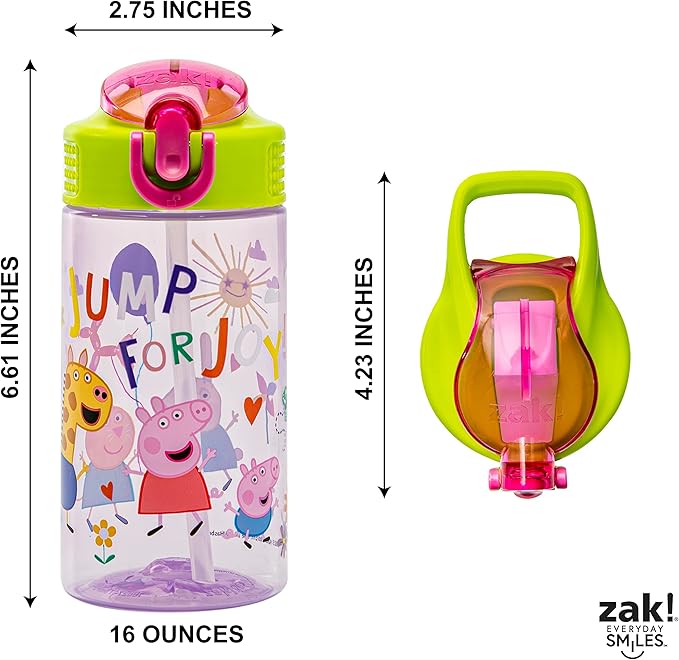 Zak Designs Peppa Pig Kids Water Bottle For School or Travel, 16oz Durable Plastic Water Bottle With Straw, Handle, and Leak-Proof, Pop-Up Spout Cover (Peppa & Friends)