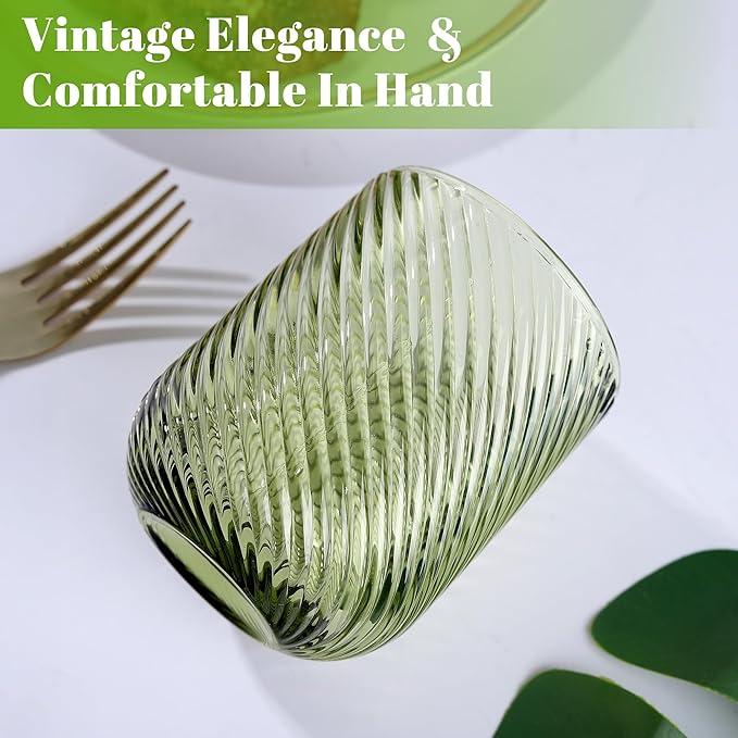 Joeyan Vintage Small Drinking Glasses,Green Ribbed Embossed Colored Water Glasses Tumbler Cups,Glassware for Beverages Cocktail Whisky Beer Juice,9 oz,Set of 4,Dishwasher Safe