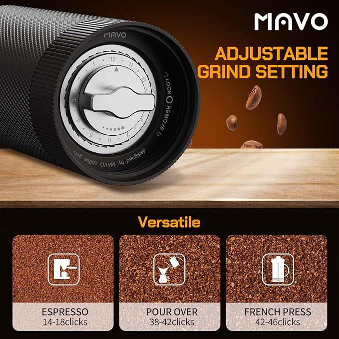 MAVO Manual Coffee Grinder, Wizard Hand Coffee Grinder, Capacity 25g with CNC Stainless Steel Pentagon Conical Burr, Adjustable Setting, Burr Coffee Bean Grinder for French Press, Pour Over Black
