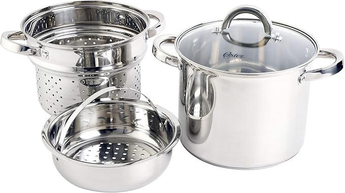 Oster Sangerfield 5-Quart Stainless Steel Pasta Pot Set with Steamer Basket and Lid – Durable Kitchen Cookware for Boiling and Steaming