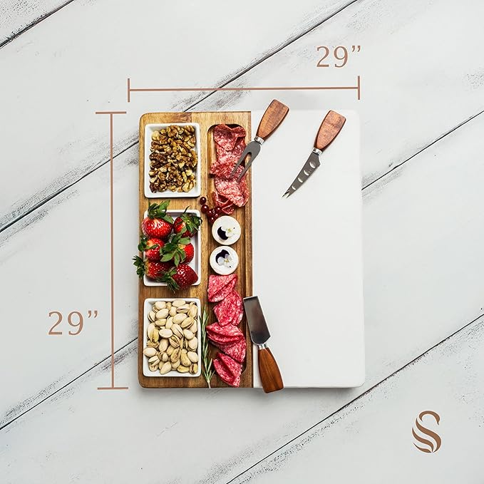 Shanik Marble & Acacia Wood Cheese Board Set – Includes 3 Ceramic Bowls, Stainless Steel Cutlery – Charcuterie Platter Gift for Entertaining