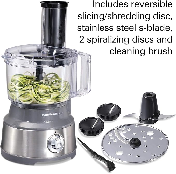 Hamilton Beach Food Processor & Vegetable Chopper for Slicing, Shredding, Mincing, and Puree, 10 Cups + Veggie Spiralizer makes Zoodles and Ribbons, Grey and Stainless Steel (70735)
