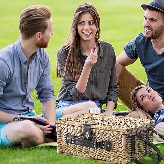 Picnic Basket Set for 4 with Waterproof Blanket Mat Insulation Bag Wicker Classic White Black Polka Dots Elegant Gift for Wedding Birthday Summer Camp Outdoor Camping Beach Travel Christmas