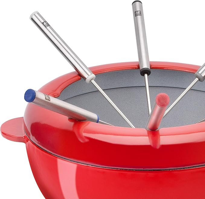 Zwilling 40201-002 Fondue Set - Cherry Enamel Cast Iron Pan, Swiss Fondue Set for Melted Cheese, 6 Stainless Steel Forks, Chocolate Melting Pot, Splash Protector, Suitable for All Hobs, Food Warmer