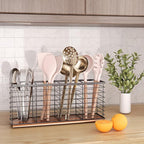 Extra Large Kitchen Utensil Holder with 4 Compartments,Metal Utensil Organizer with Acacia Wood Base for Kitchen Countertop, Flatware Organizer for Silverware and Cooking Utensils Crocks