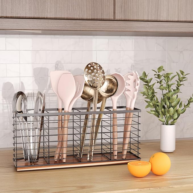 Extra Large Kitchen Utensil Holder with 4 Compartments,Metal Utensil Organizer with Acacia Wood Base for Kitchen Countertop, Flatware Organizer for Silverware and Cooking Utensils Crocks