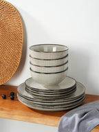 Famiware Moonlight Plates and Bowls Sets, 18 Pieces Stoneware Dinnerware Sets with Linen Finish, Handmade Dishware set for 6, Microwave and Dishwasher Safe, Scratch Resistant Tableware, Summer Sand