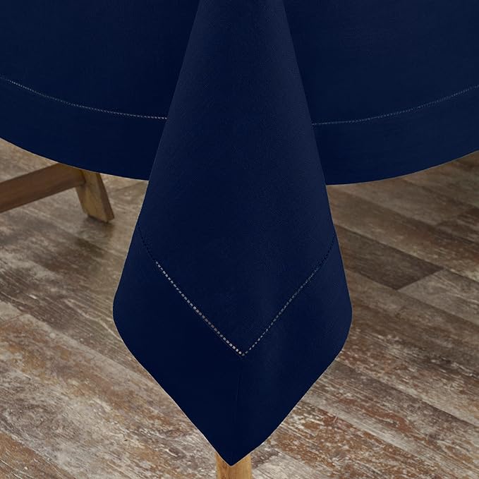 D'Moksha Homes Navy Blue Linen Tablecloth for Rectangle Tables 60 x 126 Inch - Classic Hemstitch 100% Pure Linen Navy Tablecloth - Machine Washable Cloth Table Cloth for Summer, Fall and Halloween