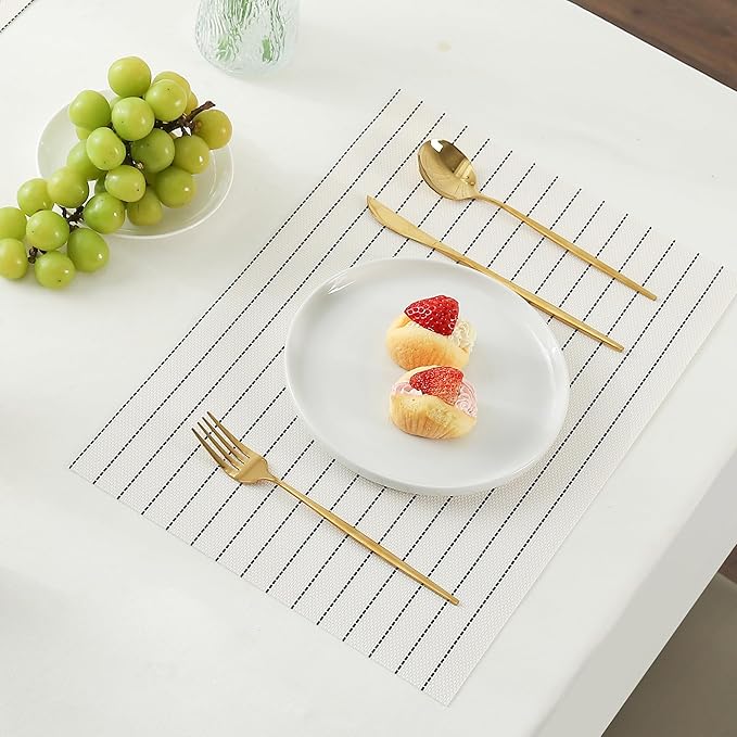 Leetaltree White with Black Stripes Placemats Set of 6 - Heat Resistant Non-Slip Place mats for Dining Table, Washable Durable PVC Vinyl Woven Table Mats（White Stripes, 6）