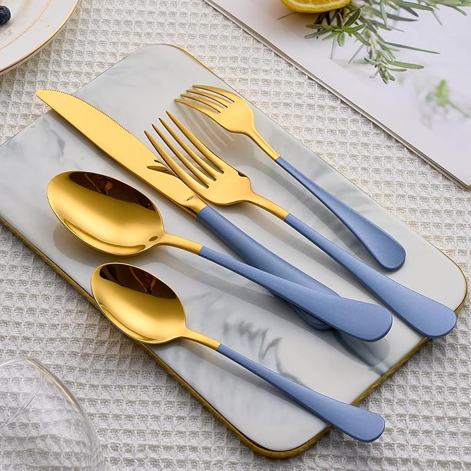20 Piece Gold and Blue 18/0 Flatware Utensil Set for 4, Include Dinner Knife,Dinner Forks,Dinner Spoons,Salad Forks,Teaspoons,Silverware Set for 4, Dishwasher Safe