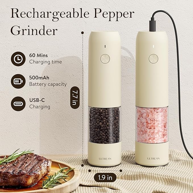 Ultrean Electric Pepper Grinder, Rechargeable Salt and Pepper Grinder with 6 Adjustable Coarseness, LED Light, One-Hand Automatic Operation, Cream