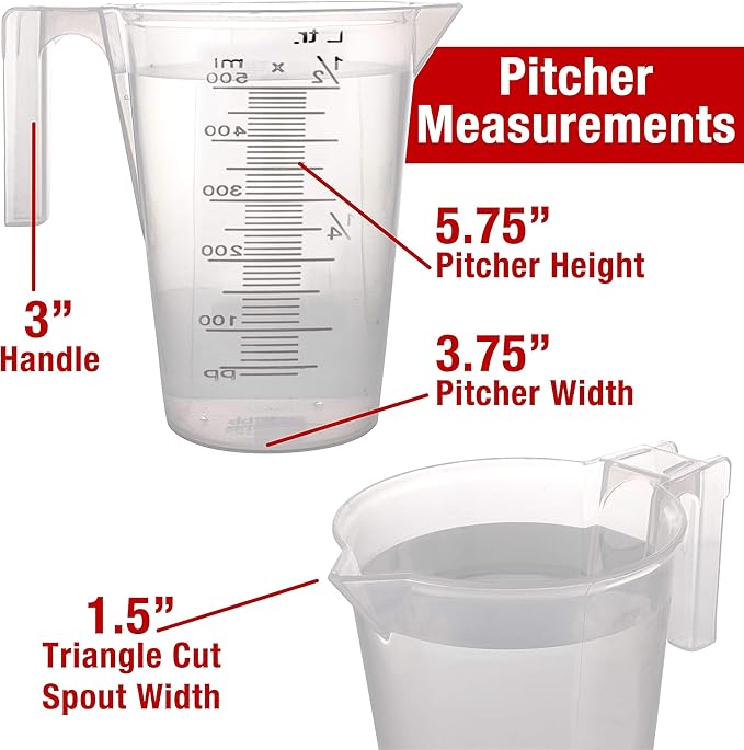 TCP Global 1/2 Liter (500ml) Plastic Graduated Measuring and Mixing Pitcher (Pack of 6) - Holds Over 1 Pint (16oz) - Pouring Cups, Measure & Mix Paint, Resin, Epoxy, Kitchen Cooking Baking Ingredients