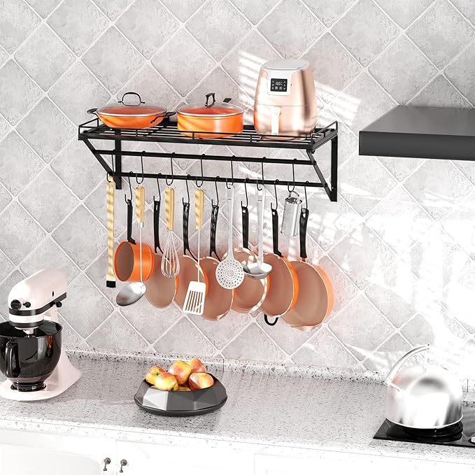 OROPY 31 Inch Wall Mounted Pot Rack Storage Shelf with 2 Tier Hanging Rails 14 S Hooks included, Ideal for Pans, Utensils, Cookware - Black