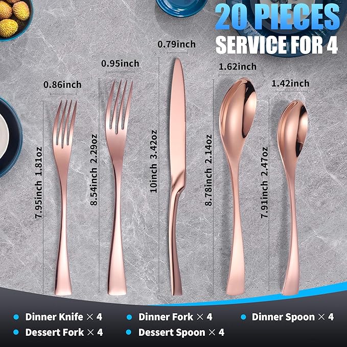 Lemeya 20-Piece Rose Gold Silverware Set for 4,Heavy Duty 18/10 Stainless Steel Cutlery Set with Forged Stand Knife,Modern Flatware Utensils Set,Forks Spoons and Knives Set,Dishwasher Safe