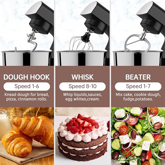 Stand Mixer, 5.5 Quart, 10 Speed Tilt-Head Food Mixer, Kitchen Electric Mixer with SS Bowl, Copper Motor, Beater, Dough Hook, SS Egg Whisk (300W Black)