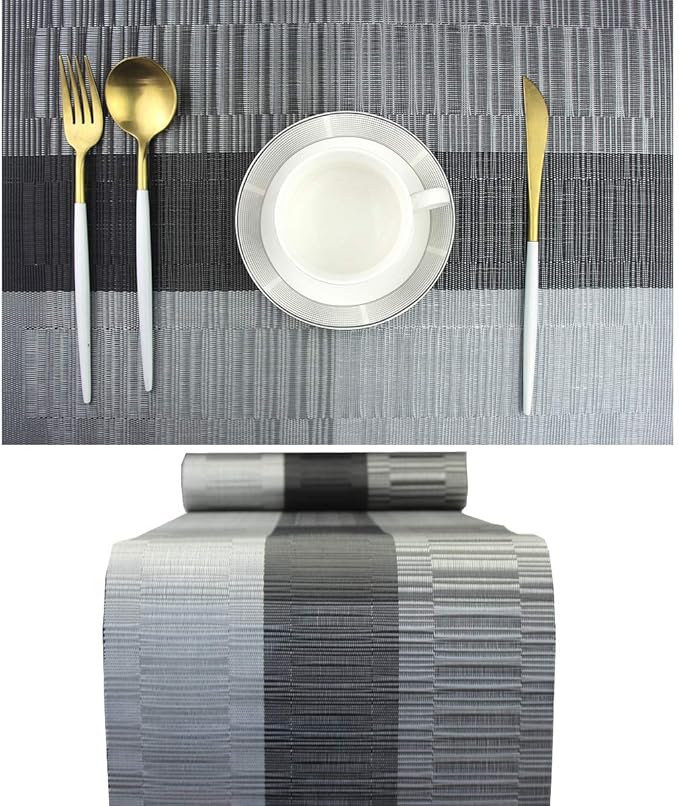 PIGCHCY Elegant Placemats with Matching Table Runner,Washable Durable Vinyl Woven Table Mats Sets(6pcs Placemats+1pcs Table Runner, Black)