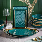 Stone Lain Florian Porcelain Large and Medium Oval Platters with Handle, Service Set, Green with Gold Rim