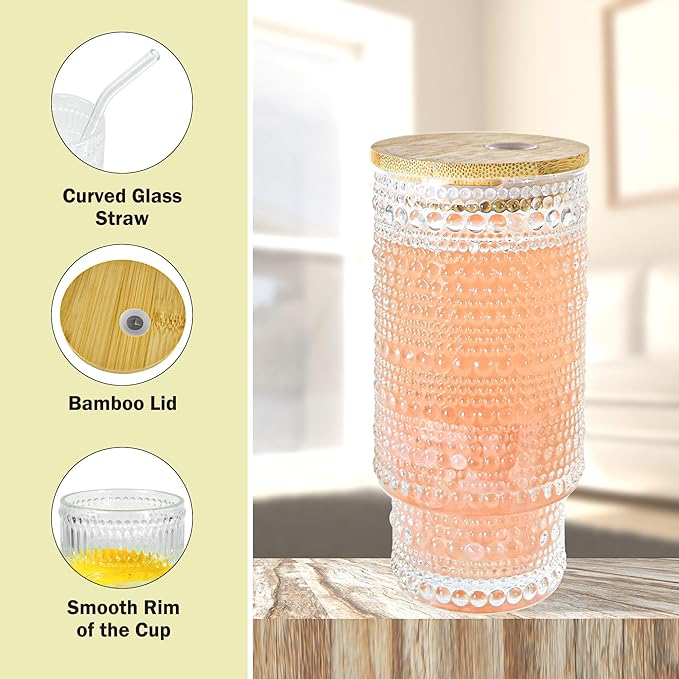 2 Pcs 16 oz Glasses Cups Set with Bamboo Lids Straws Brush Hobnail Glassware Set for Juice Iced Coffee Beer and Cocktail Whiskey(Hobnail*2)