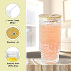 11 oz Drinking Glasses Cups Set of 2 with Bamboo Lids Straws Brush Vintage Small Glassware Set for Mojito Iced Coffee Cocktail Whiskey(Ribbed & Hobnail)