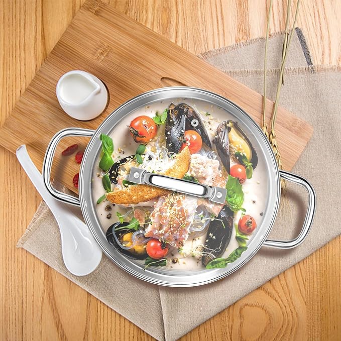 Homikit 5 Quart Stock Pot, Stainless Steel Soup Cooking Pot with Lid for Pasta Sauce Simmering Steaming Stewing, Tri-ply Heavy Bottom Induction Pot, Dishwasher Safe