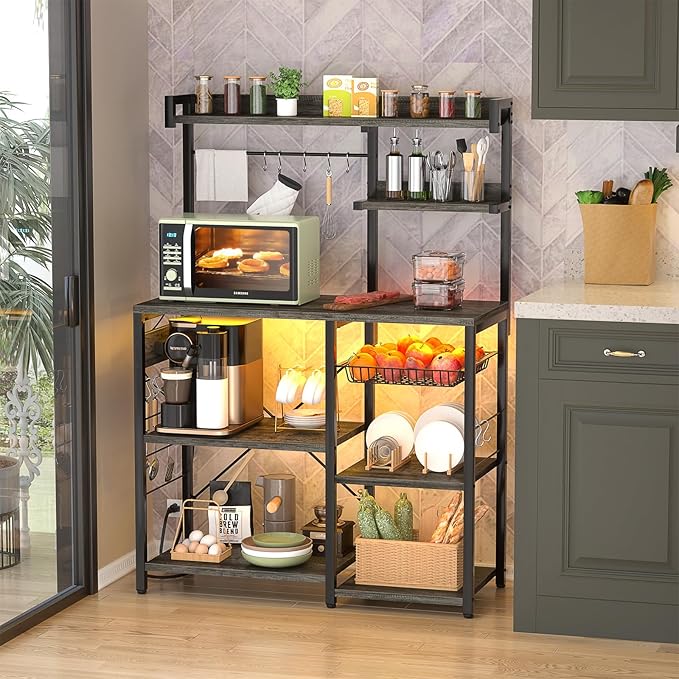 Aheaplus Bakers Rack with Power Outlet and LED Light Strings, Microwave Oven Stand Kitchen Storage Shelf with Wire Basket, Coffee Bar Station Island Table with 10 Hooks for Spices, Pots, Black Oak
