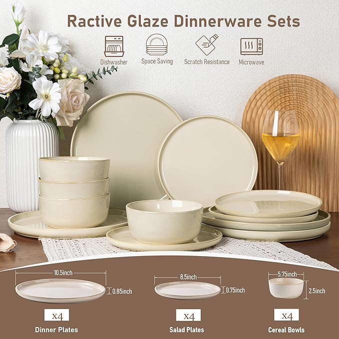 GBHOME Ceramic Dinnerware Sets for 4, 12 Pieces Stoneware Plates and Bowls Sets, Scratch Resistant Dishes, Dishwasher & Microwave Safe, Reactive Glaze-Vanilla color