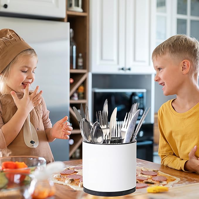 Kitchen Utensil Holder Silverware Organizer 360°Rotating For Counter Organizer Stainless Steel Storage Silverware Caddy 3 Compartment Flatware Spoon Spatula Tool Cutlery Container（White）