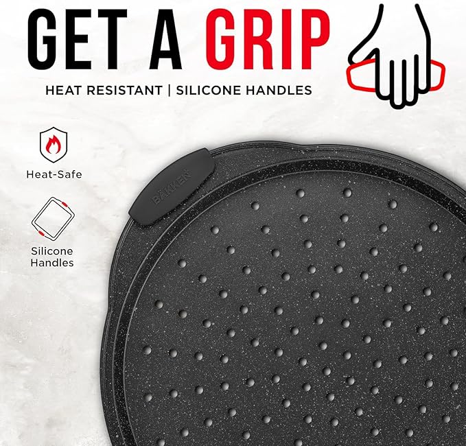 Non-Stick Pizza Pan with Silicone Handle 1 Pack, 13 Inch Round Carbon Steel Tray with Perforated Holes, Dishwasher & Oven Safe Up To 450°F, PFOAPFOSPTFE Free, Durable Nonstick Gray Marble Coating