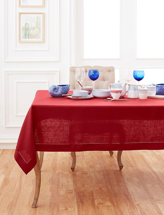 Solino Home Linen Tablecloth 60 x 120 Inch - Classic Hemstitch 100% Pure Linen Red Table Cloth for Rectangle Tables - Machine Washable Tablecloth for Summer