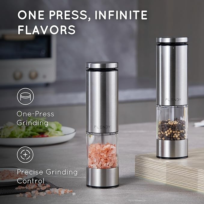 Electric Salt and Pepper Grinder Set Rechargeable, Automatic Salt and Pepper Grinder Set with Oversized Top Button, Stainless Steel Electric Salt and Pepper Shakers Set