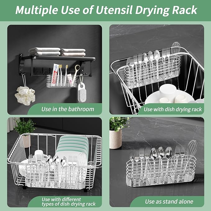 304 Stainless Steel Utensil Holder, Silverware Drying Rack with Hooks for Dish Drainer, Knife and Fork Drainer Basket with 3 Divided Compartments, Kitchen Drainage Basket Accessories, Rust Proof