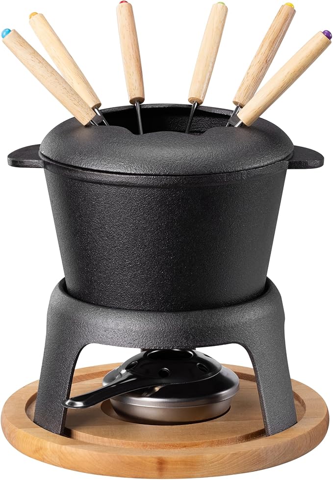 Navaris Cheese Fondue Set for 6 People - 2qt Cast Iron Fondue Sets with 6 Colour Coded Forks for Cheese, Chocolate or Meat - with Removable Splash Guard