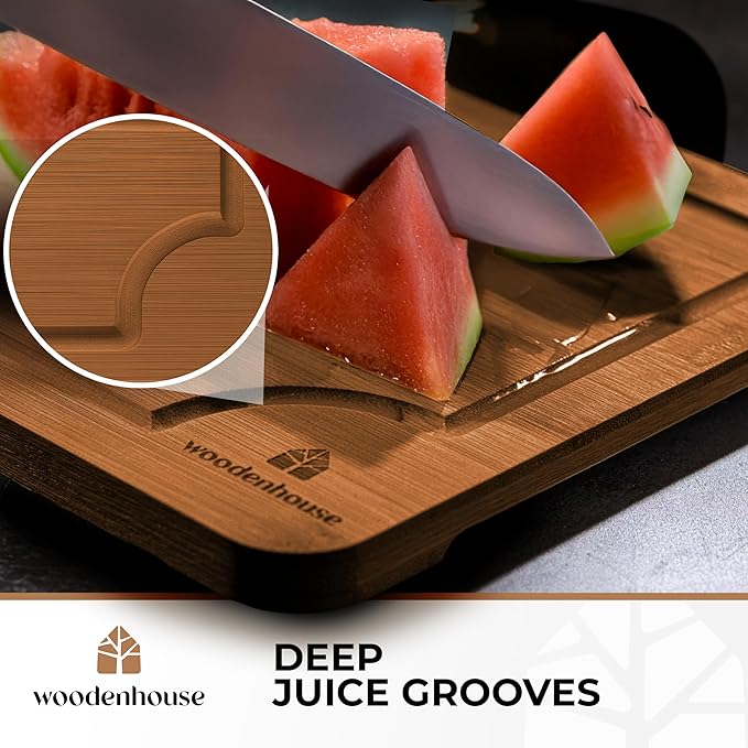 Wooden Cutting Boards for Kitchen, Wood Cutting Board - Bamboo Cutting Board Set of 3 with Holder, Dark Color, Durable & Eco-Friendly, Perfect for Chopping, Serving, and Food Prep.