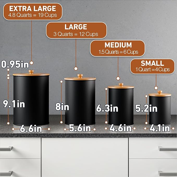 Kitchen Canisters for Countertop Set of 4 with Customizable Chalkboard Labels & Marker Pen - Big Iron Kitchen Canisters with Airtight Lids - Black Canister Set - Flour and Sugar Containers Farmhouse