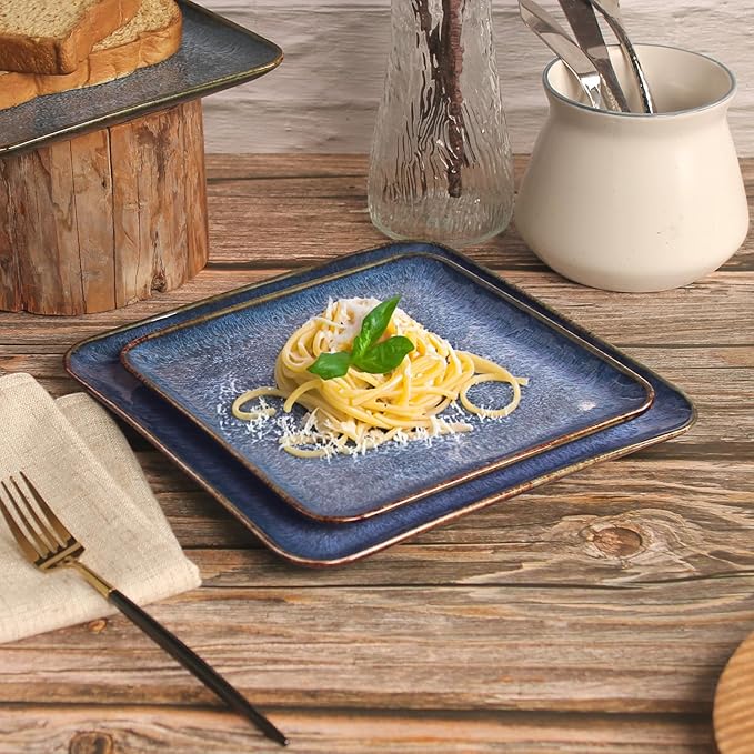 4-piece ceramic dinner plate set, suitable for steak, pasta and pizza, microwave- and dishwasher-safe, scratch-resistant, blue 9-inch square dinner plate