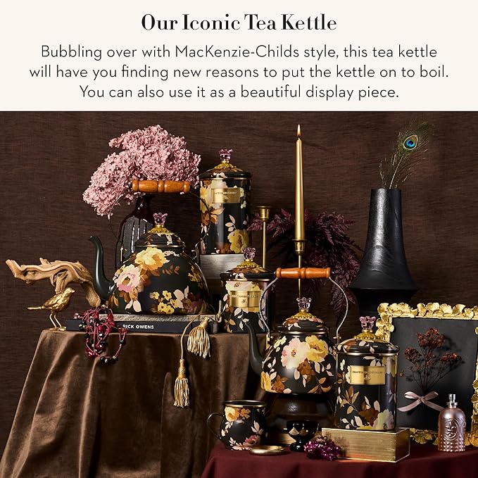 MACKENZIE-CHILDS Enamel Tea Kettle, Cute Tea Kettle for Stovetop, 2 Quarts, Wild Rose Brown