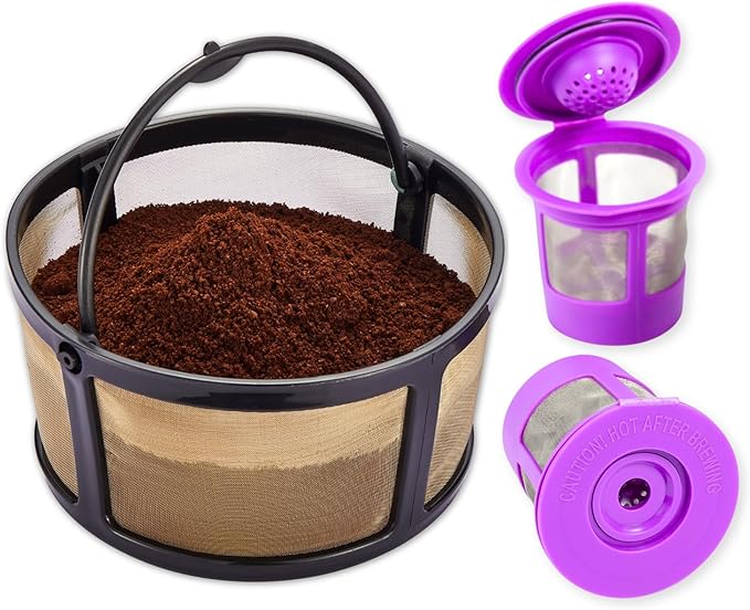 Reusable Mesh Ground Coffee Filter Carafe for Keurig K-Duo Essentials and K Duo Brewers Machine, With 2 Refillable K Cups Pod by PureHQ - Gold Tone Mesh Filter - Value Pack