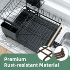 2 Tier Dish Drying Rack, Drying Rack with Automatic Drainboard, Dish Racks for Kitchen Counter, Rustproof Dish Drainer with Removable Utensil Holder, Cups Holder,Black