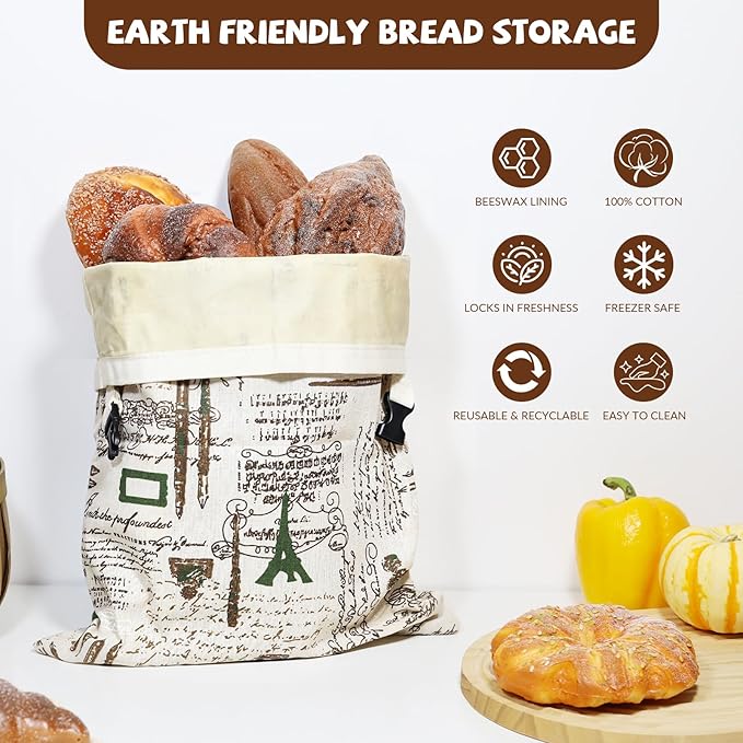 CHENGLIN Beeswax Cotton Bread Bags - Large Reusable Sourdough Storage Bags for Homemade Bread, Baguette & Loaf – Eco-Friendly, Washable, Breathable