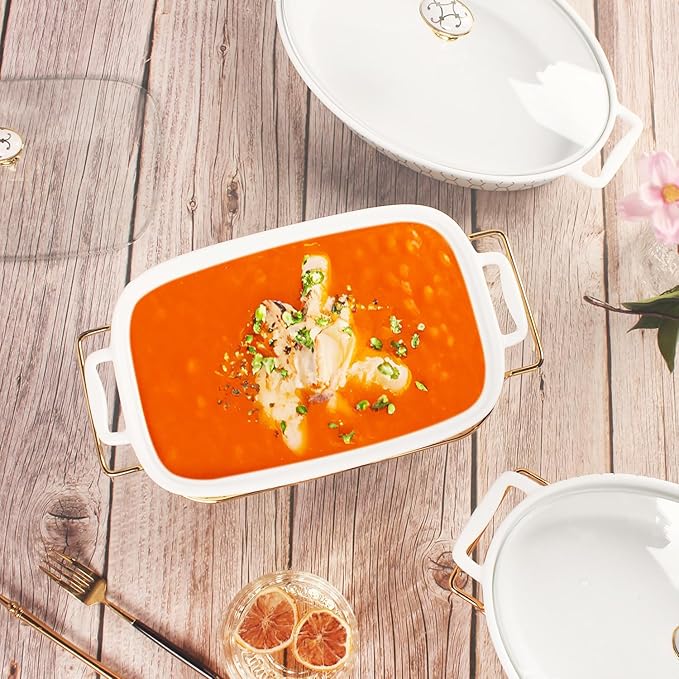 10" x 7" Ceramic Casserole Dish with Glass Lid and Rack, 40 ounce Serving Soup Tureen,Chafing Dish for Buffet, Family Food preserve Tray, Catering Casserole for Party Style, White