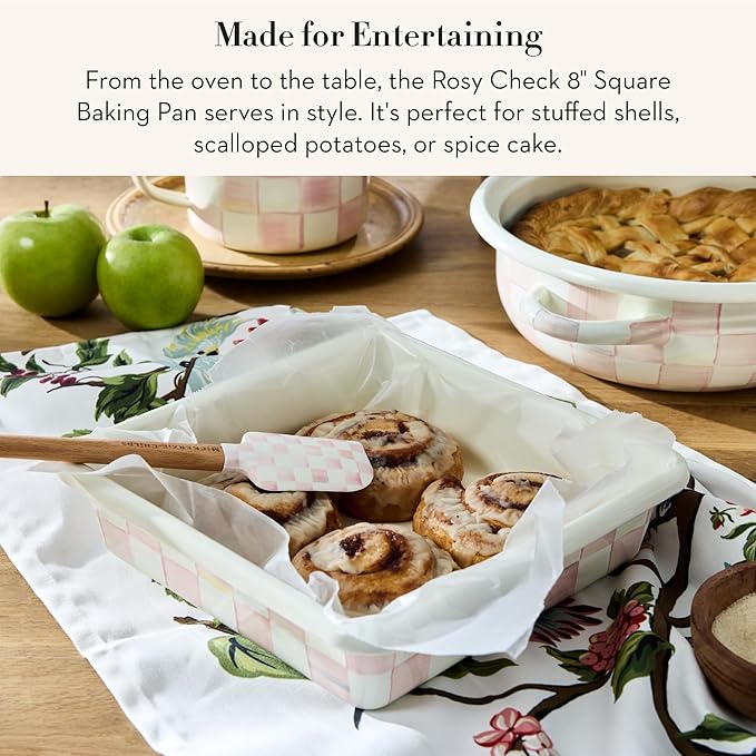 MACKENZIE-CHILDS Enamel Square Baking Pan for Oven, Square Oven Pan, 8", Pink-and-White Rosy Check