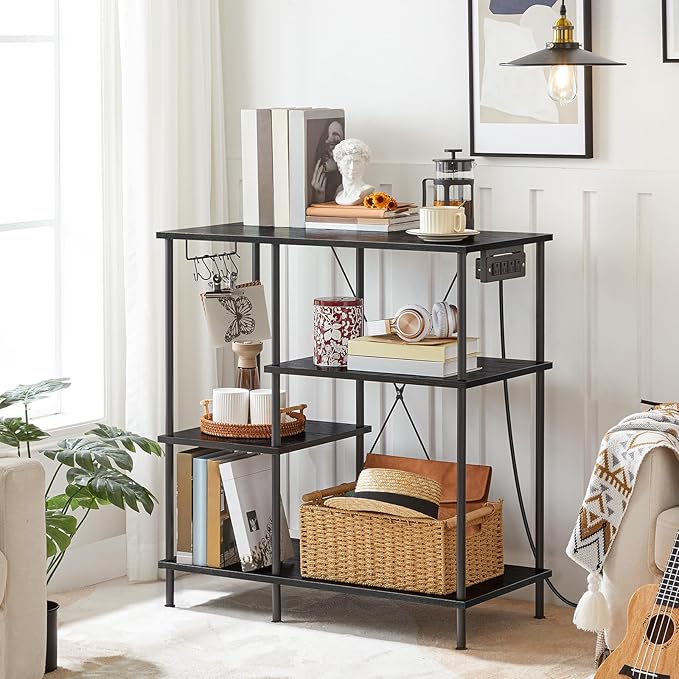 HOOBRO Bakers Rack with Power Outlet, Microwave Stand with 5 S-Shaped Hooks, Coffee Bar, Kitchen Storage Shelf, for Kitchen, Living Room, Black BB07UHB01