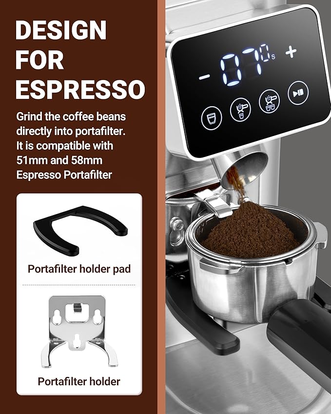 AMZCHEF Coffee Grinder, Coffee Bean Grinder for Home Use with Precise Grinding, LED Control Panel, Detachable Funnel Stand, Anti-static Design, 24 Grind Settings, Silver