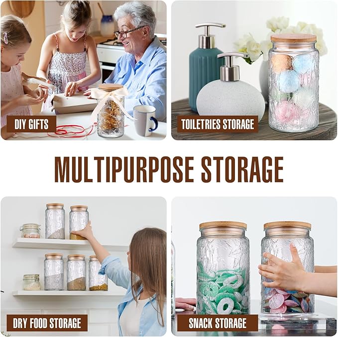 Domensi 6 Pack 34 oz Vintage Glass Jars with Lid Airtight Cute Cookie Jars Food Storage Containers for Decorative Desk Kitchen Office Pantry Candy Sugar Coffee Bean Tea Flour Oats