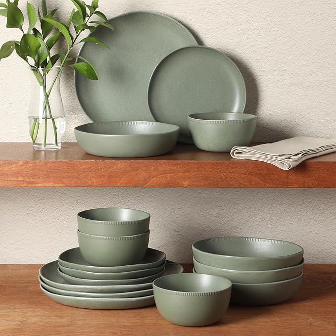 Gibson Elite Menlo Park 16-Piece Pottery Clay Stoneware Dinnerware Set – Green Reactive Glaze, Organic Shape Embossed Plates and Bowls W/Pasta Bowl, Service for 4 – Microwave & Dishwasher Safe