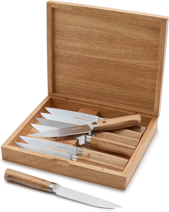 GreenPan Elite 8 Piece Steak Knife Set, Professional Stainless Steel Blades with Titanium Coating, Ultra-Sharp Dining Knives, Kitchen Cutlery, Ergonomic Wood Handles, Wooden Storage Box