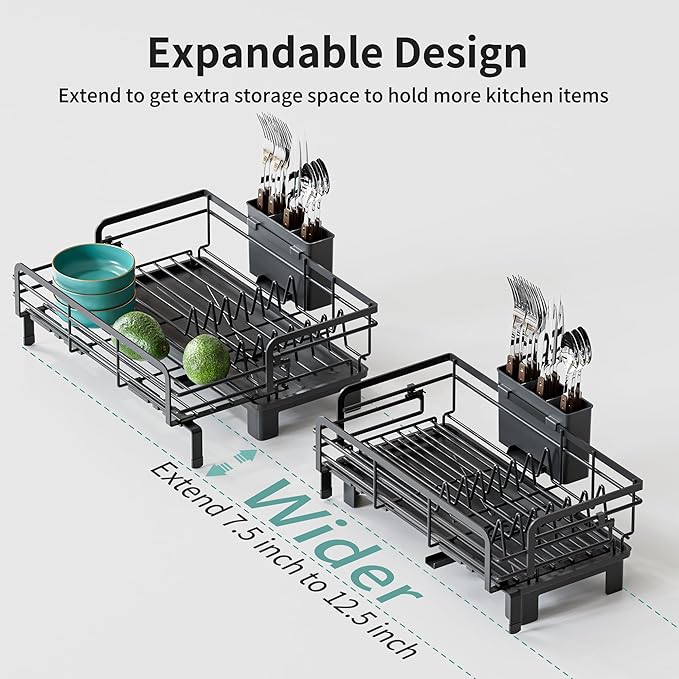 Small Dish Drying Rack - Extendable Dish Rack for Kitchen Counter, Rustproof Dish Drainers with Utensil Holder, Perfect for Apartments, RVs and Small Spaces,16.5" D x 7.5"-12.5" W x 6.5" H